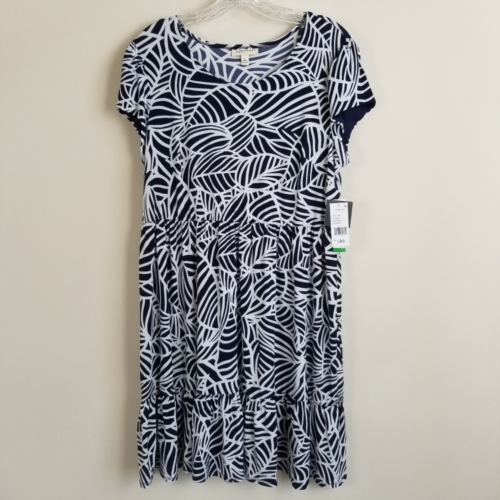 52seven Leaf Print Dress Peplum Hem Stretch Large NWT